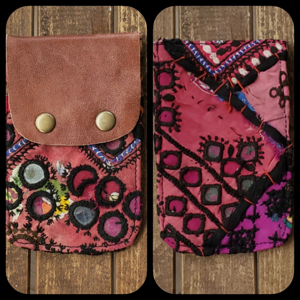 🍳🧠 Free People Boho Embroidered Repurposed vtg banjara hippie Wallet card case